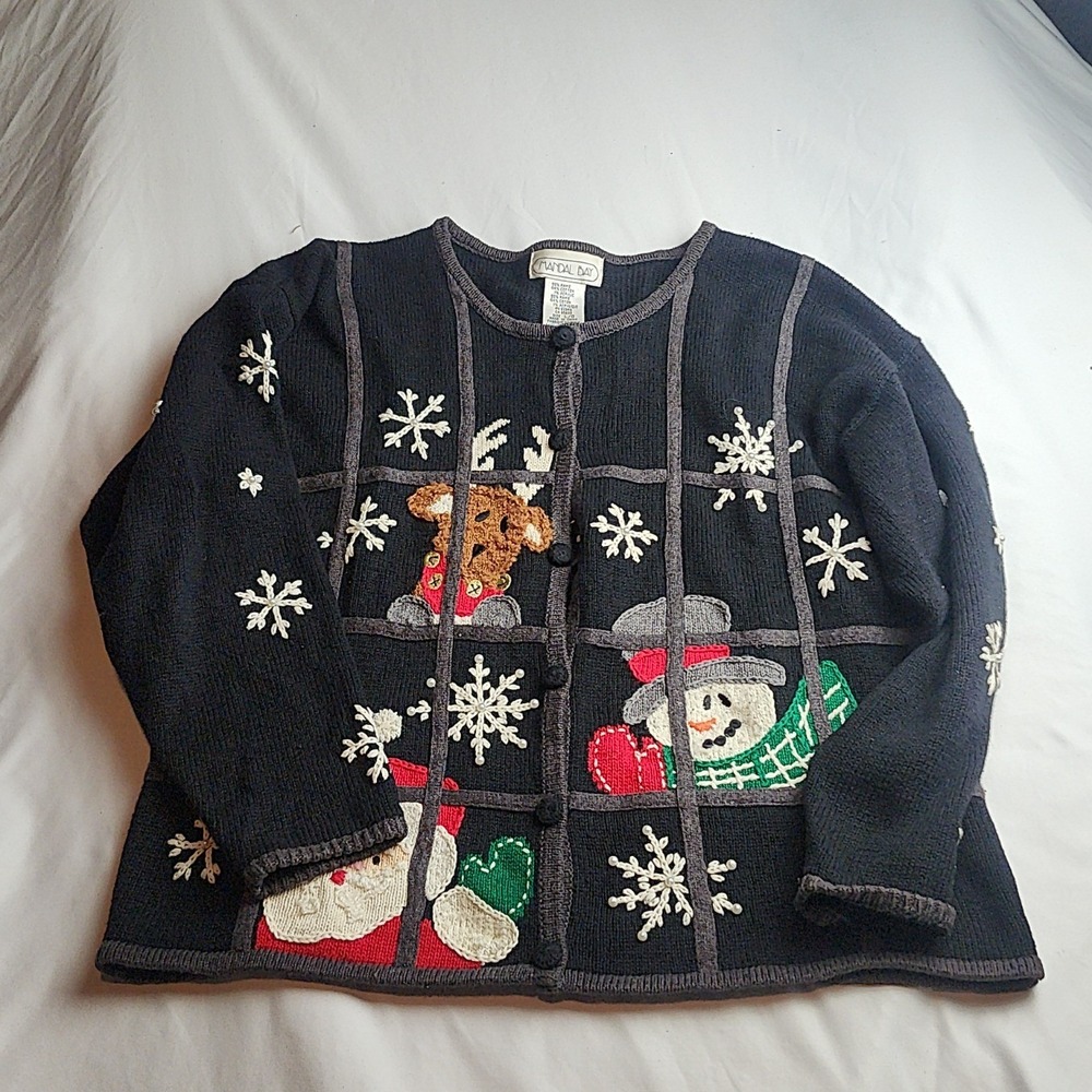 Mandal Bay Christmas Ugly Sweater Cardigan Black Women's Size Large